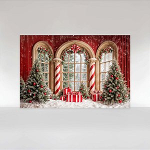 Painel de Festa em Tecido Sublimado Sala com Presentes e Árvore de Natal