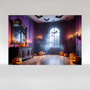 Painel de Festa em Tecido Sublimado Quarto com Janela e Aboboras de Halloween