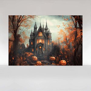Painel de Festa em Tecido Sublimado Castelo Mal Assombrado de Halloween
