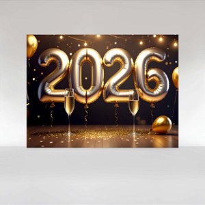 Painel de Festa em Tecido Sublimado Taças e Balões Dourados de Ano Novo 2026