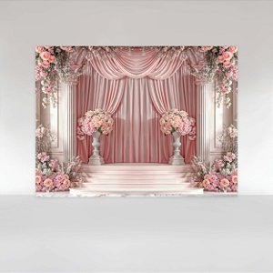 Painel de Festa em Tecido Sublimado Cortina Floral Rosa com Escadas