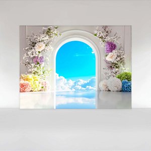 Painel de Festa em Tecido Sublimado Janela Arco Floral com Céu Azul e Nuvens