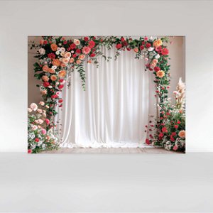 Painel de Festa em Tecido Sublimado Cortina Floral Branca com Rosas