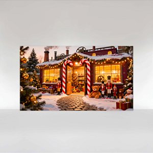 Painel de Festa em Tecido Sublimado Fábrica de Brinquedos de Natal