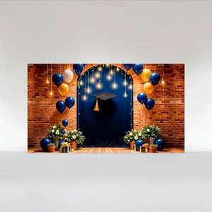Painel de Festa em Tecido Sublimado Formatura Azul com Parede de Tijolos