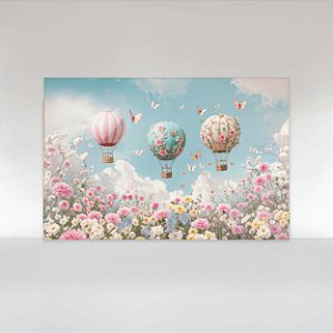 Painel de Festa em Tecido Sublimado Balão Floral Com Borboletas