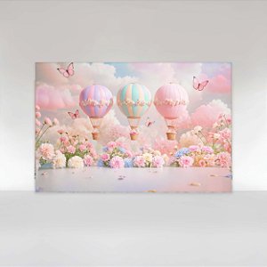 Painel de Festa em Tecido Sublimado Balão Floral com Borboletas Rosa, Lilás e Azul