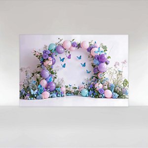 Painel de Festa em Tecido Sublimado Arco Floral com Borboletas