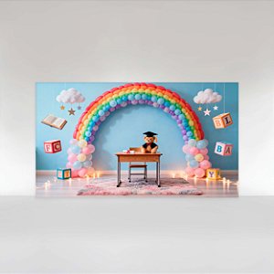 Painel de Festa em Tecido Sublimado Formatura ABC com Arco de Balões e Ursinho
