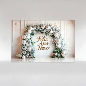 Painel de Festa em Tecido Sublimado Feliz Ano Novo Prata com Ramos Verdes