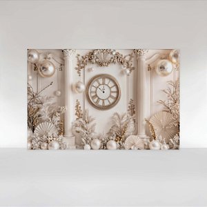 Painel de Festa em Tecido Sublimado Feliz Ano Novo Relogio Perolado