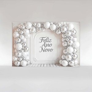 Painel de Festa em Tecido Sublimado Ano Novo Prata com Balões
