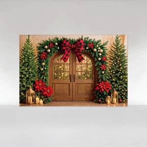 Painel de Festa em Tecido Sublimado Natal com Laço Xadrez