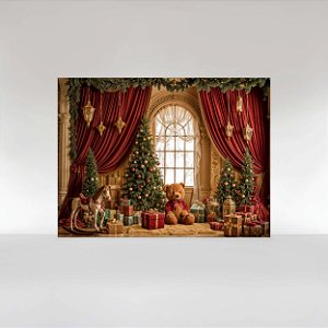 Painel de Festa em Tecido Sublimado Natal com Ursinho e Presentes