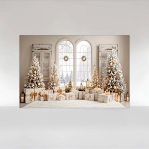 Painel de Festa em Tecido Sublimado Janelas Romanas com Presentes Dourados de Natal