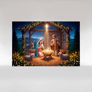 Painel de Festa em Tecido Sublimado Presépio com Brilho de Natal