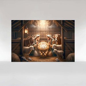 Painel de Festa em Tecido Sublimado Presépio com Anjos de Natal