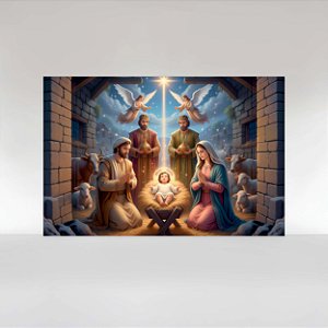 Painel de Festa em Tecido Sublimado Presépio com Anjos e  Reis Magos de Natal