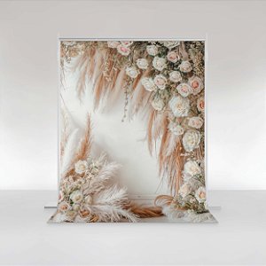 Fundo Fotográfico em Tecido Sublimado Floral Branco com Pampa Grass