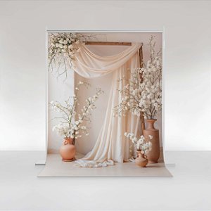 Fundo Fotográfico em Tecido Sublimado Floral Boho com Cortina