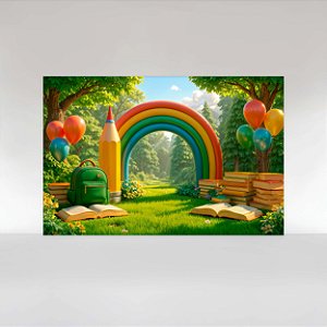 Painel de Festa em Tecido Sublimado Volta às Aulas ABC Arco-íris