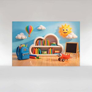 Painel de Festa em Tecido Sublimado Volta às aulas ABC Itens Escolares