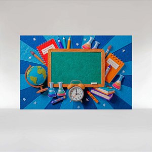Painel de Festa em Tecido Sublimado Volta às aulas ABC Azul com Materiais Escolares​​​​​​​ em Textura de Feltro