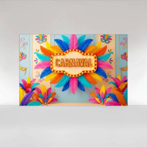 Painel de Festa em Tecido Sublimado Cenário de Carnaval com Plumas Coloridas e Máscaras