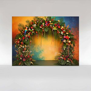 Painel de Festa em Tecido Sublimado Carnaval Arco Floral Tropical