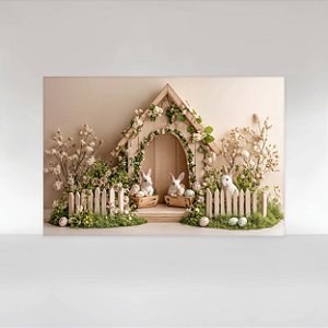 Painel de Festa em Tecido Sublimado Páscoa Coelhinhos Casa de Madeira