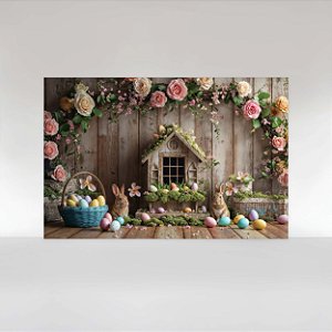 Painel de Festa em Tecido Sublimado Páscoa Casinha Rústica Floral