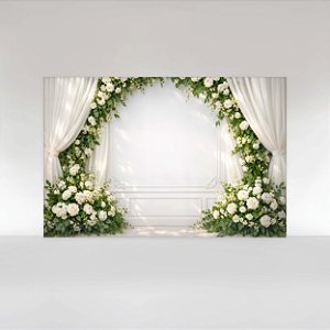 Painel de Festa em Tecido Sublimado Floral de Rosas Brancas com Cortinas