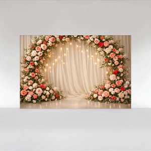 Painel de Festa em Tecido Sublimado Floral com Cortinas e Lâmpadas