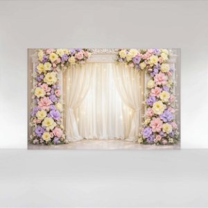 Painel de Festa em Tecido Sublimado Floral com Cortinas