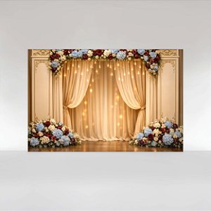 Painel de Festa em Tecido Sublimado Floral com Cortinas