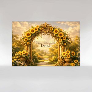 Painel de Festa em Tecido Sublimado Floral Religioso Portal com Girassol de Deus