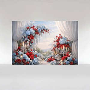 Painel de Festa em Tecido Sublimado Floral Azul e Vermelho com Cortinas