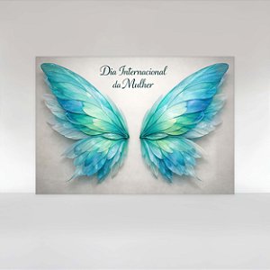 Painel de Festa em Tecido Sublimado Dia Internacional das Mulheres Asas de Borboleta Azul