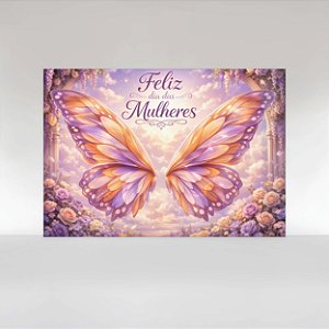 Painel de Festa em Tecido Sublimado Dia Internacional das Mulheres Asas de Borboleta Floral