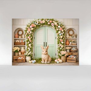 Painel de Festa em Tecido Sublimado Cenário Páscoa com Coelho e Arco Floral