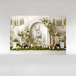 Painel de Festa em Tecido Sublimado Cenário Páscoa Coelho Floral