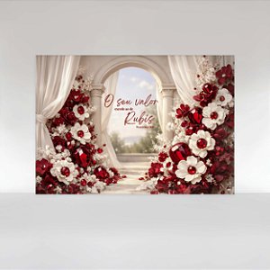 Painel de Festa em Tecido Sublimado Dia Internacional das Mulheres Arco Floral de Rubis com Cortinas