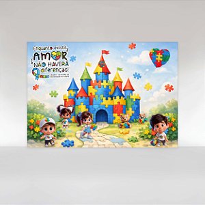 Painel de Festa em Tecido Sublimado Mês de conscientização do Autismo Castelo