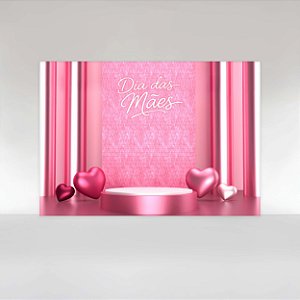 Painel de Festa em Tecido Sublimado Dia das Mães Palco Rosa Com Corações