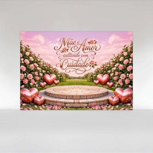 Painel de Festa em Tecido Sublimado Dia das Mães Floral Com Balões de Coração Rose