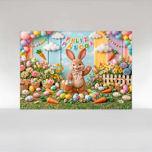 Painel de Festa em Tecido Sublimado Coelho Páscoa