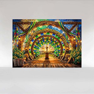 Painel de Festa em Tecido Sublimado Festa Junina Copa do Brasil com Taça e Bandeirinhas