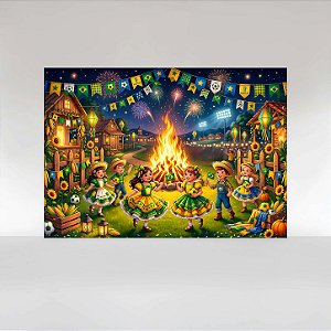 Painel de Festa em Tecido Sublimado Festa Junina Futebol Brasil com Fogueira