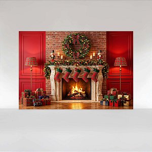 Painel de Festa em Tecido Sublimado Cenário de Natal com Lareira