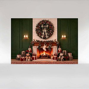 Painel de Festa em Tecido Sublimado Cenário de Natal com Lareira e Boiseries